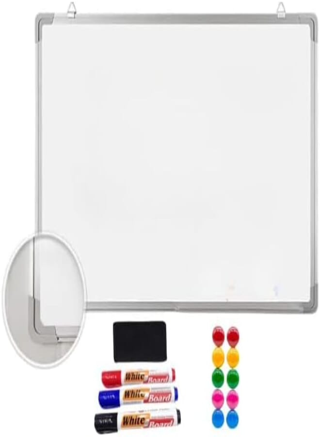 Joy & Learn Magnetic Writing White Board /3 Markers/Magnetic Eraser / 12 Magnetic Stickers - Smooth & Easy to Wipe, Aluminum Frame, Includes Wall-Mounted Hangers & Pen Tray 45 * 60 CM